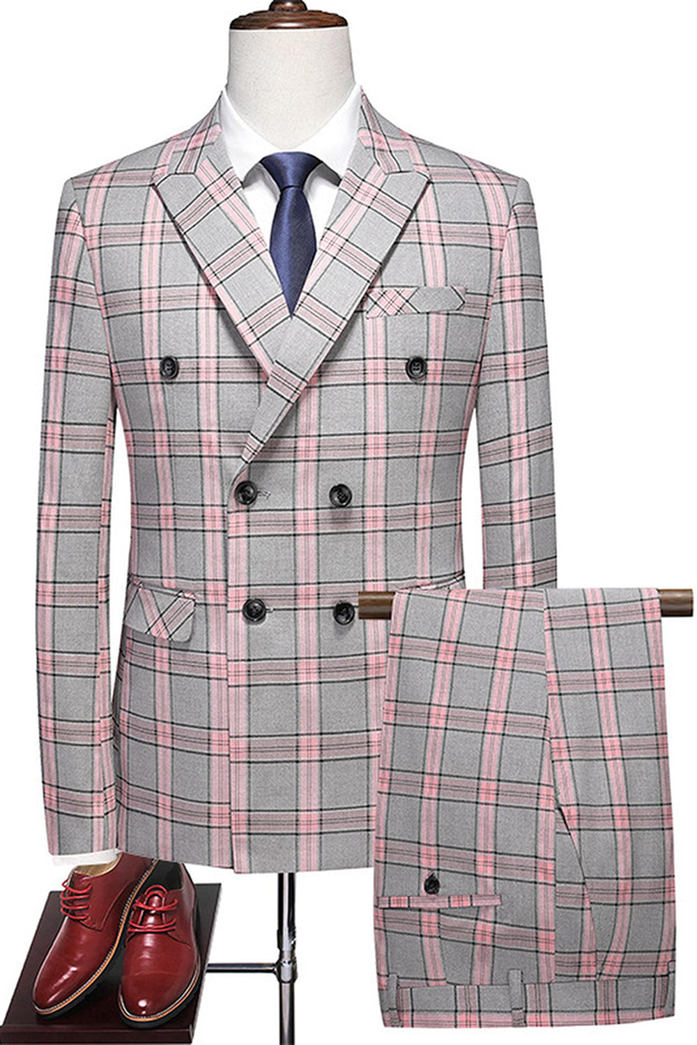 Pinkish Gray Plaid 2 Pieces Peak Lapel Men's Prom Suits