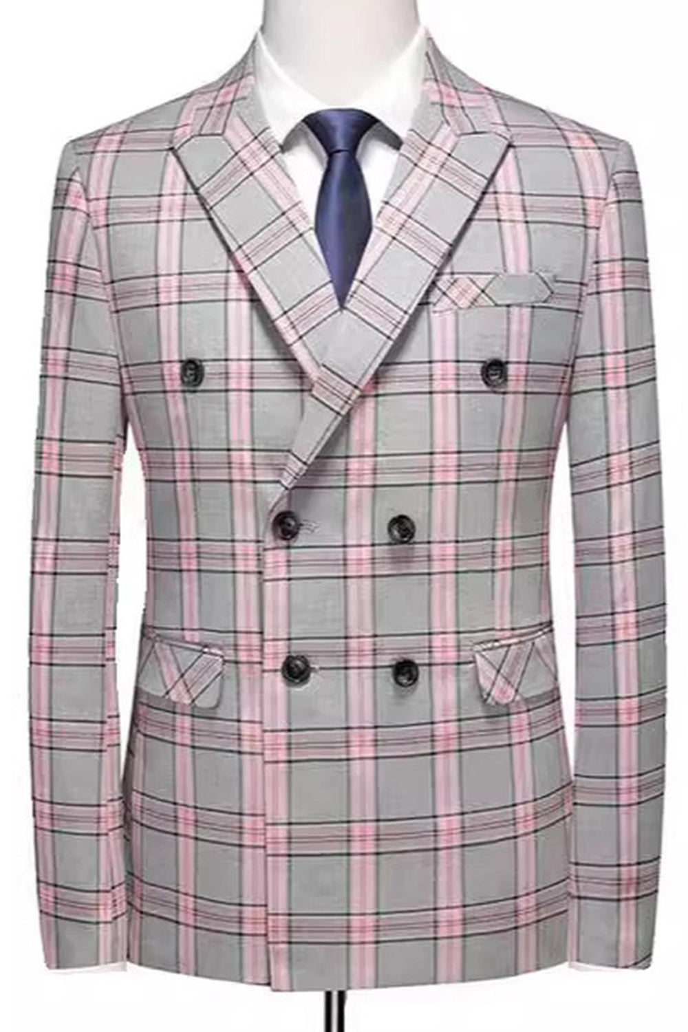 Pinkish Gray Plaid 2 Pieces Peak Lapel Men's Prom Suits