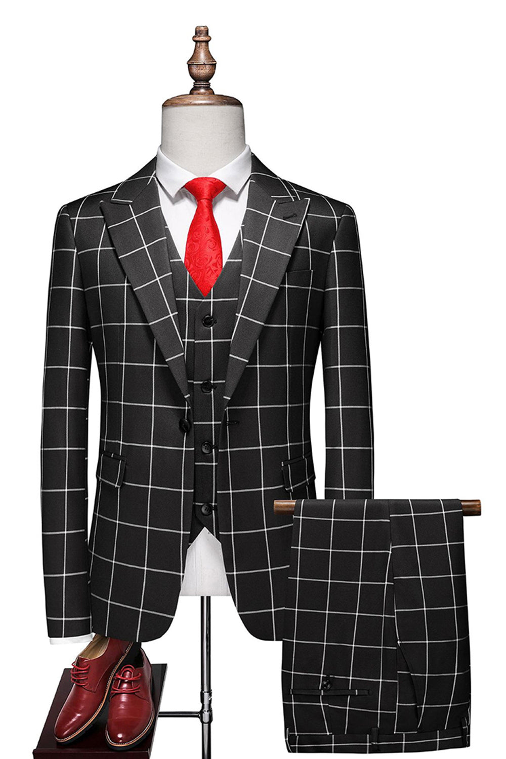 Red Plaid Peak Lapel 3 Pieces Men's Prom Suits