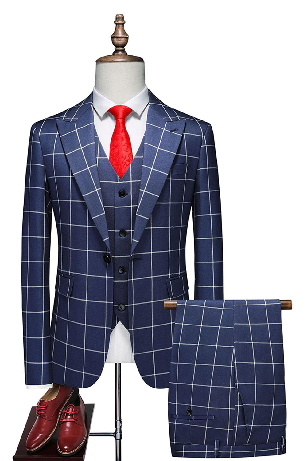 Red Plaid Peak Lapel 3 Pieces Men's Prom Suits