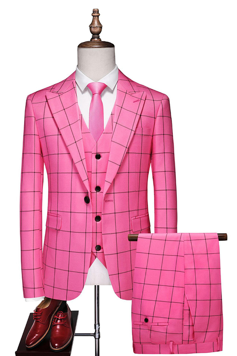 Red Plaid Peak Lapel 3 Pieces Men's Prom Suits