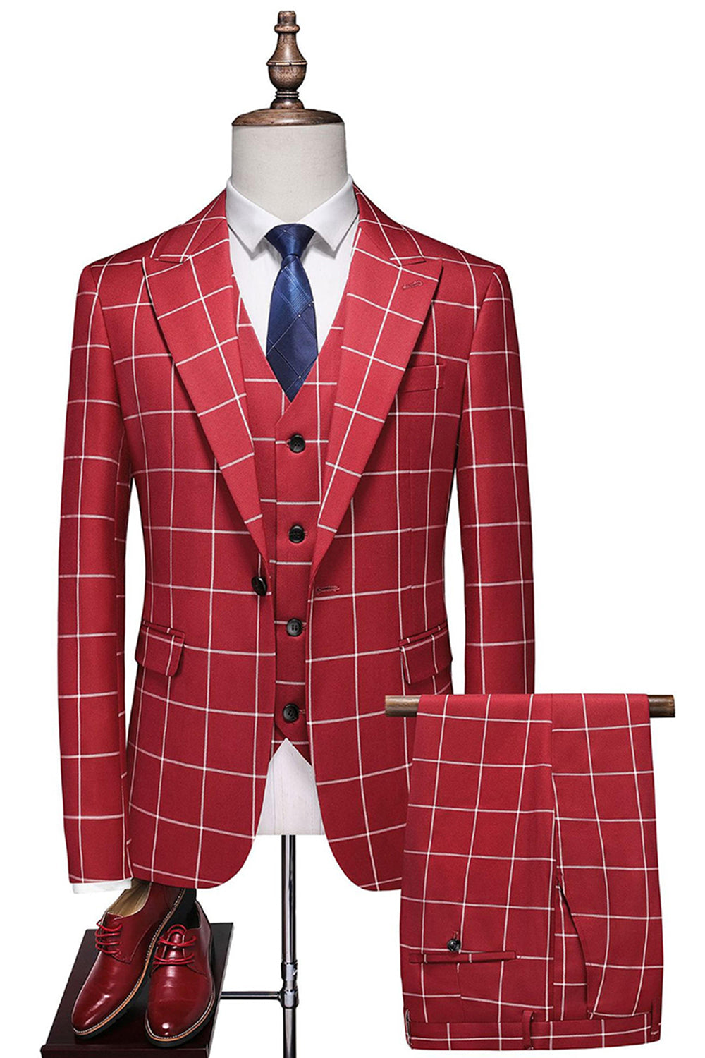 Red Plaid Peak Lapel 3 Pieces Men's Prom Suits