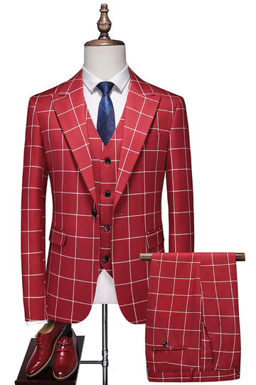 Red Plaid Peak Lapel 3 Pieces Men's Prom Suits