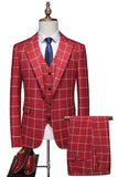 Red Plaid Peak Lapel 3 Pieces Men's Prom Suits