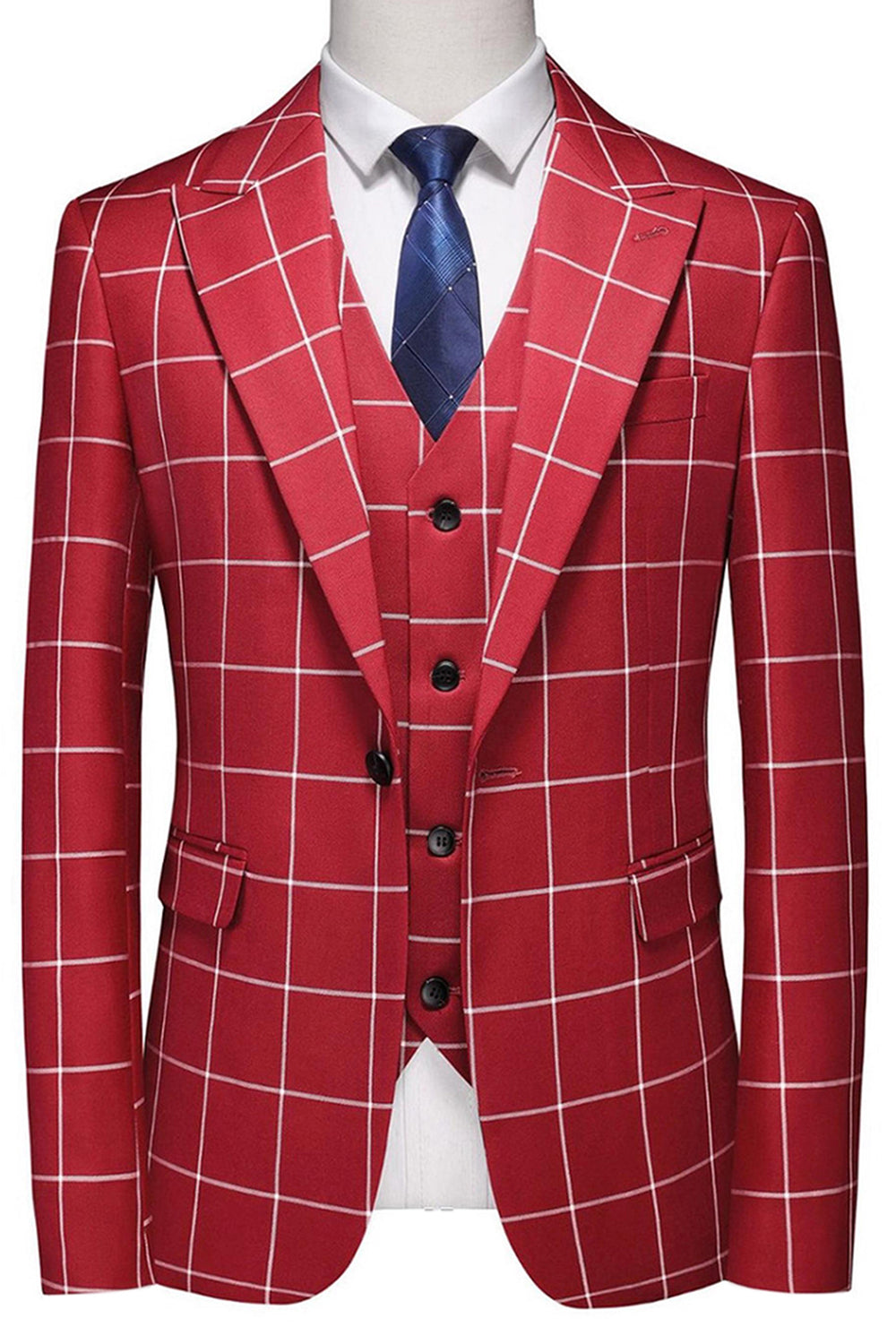 Red Plaid Peak Lapel 3 Pieces Men's Prom Suits