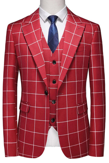 Red Plaid Peak Lapel 3 Pieces Men's Prom Suits