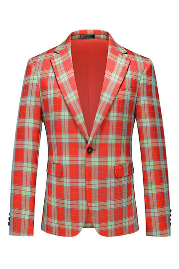 Red Vintage Notched Lapel Plaid Men's Prom Blazer