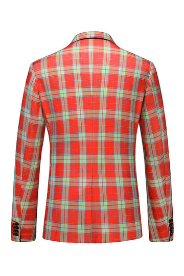 Red Vintage Notched Lapel Plaid Men's Prom Blazer