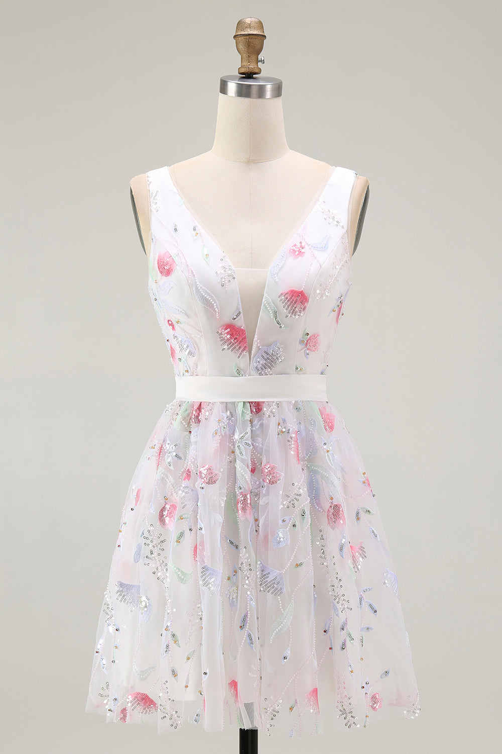 Sparkly Floral White V-Neck Backless A Line Sequin Homecoming Dress