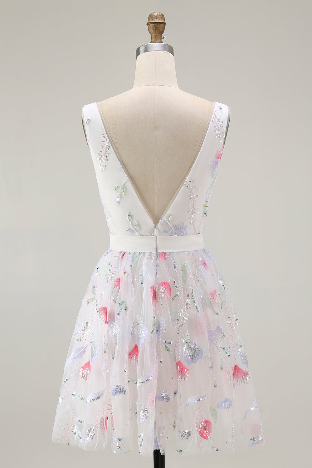 Sparkly Floral White V-Neck Backless A Line Sequin Homecoming Dress