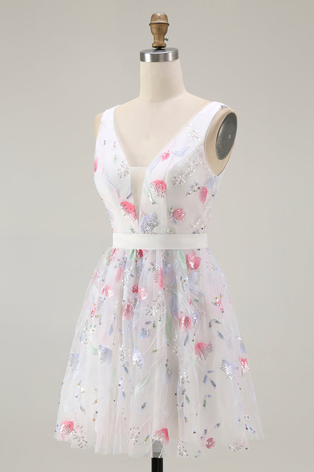 Sparkly Floral White V-Neck Backless A Line Sequin Homecoming Dress