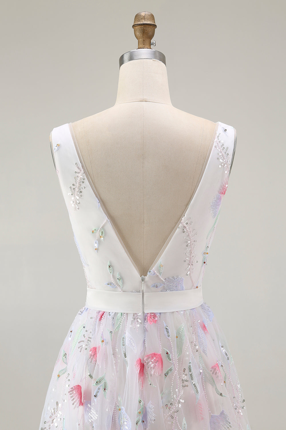 Sparkly Floral White V-Neck Backless A Line Sequin Homecoming Dress