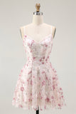 Pink Floral Sequins A Line Short Homecoming Dress with Lace Up Back
