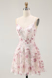 Pink Floral Sequins A Line Short Homecoming Dress with Lace Up Back