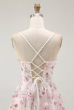 Pink Floral Sequins A Line Short Homecoming Dress with Lace Up Back