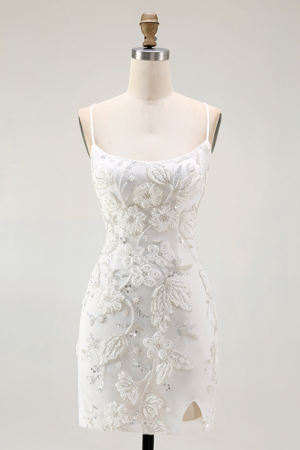 White Bodycon Spaghetti Straps Appliqued Homecoming Dress with Slit