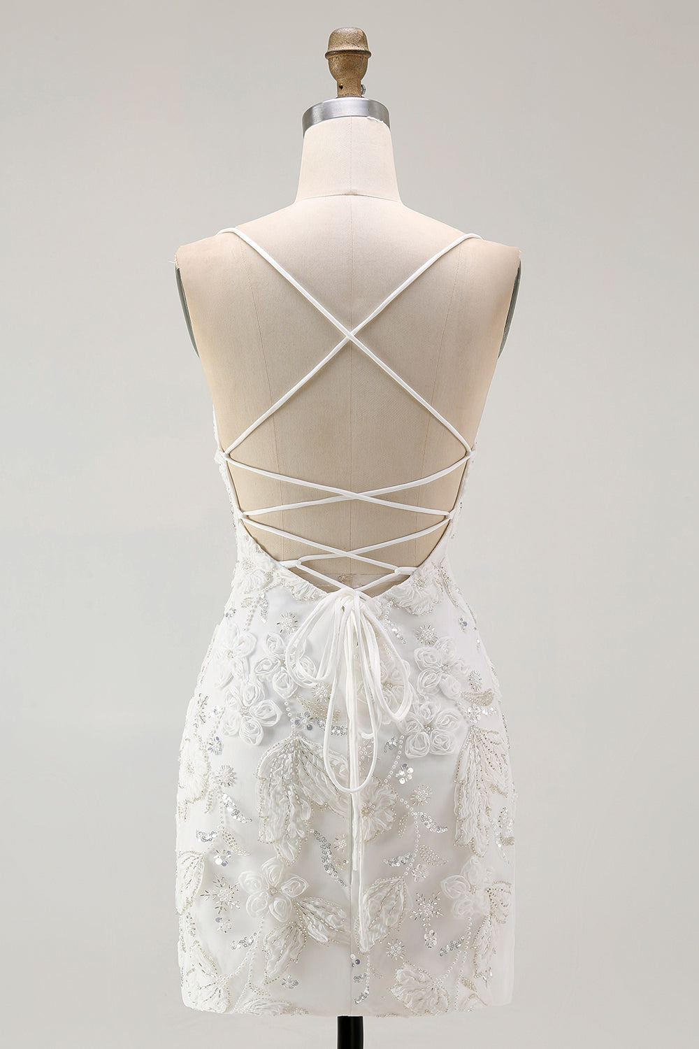 White Bodycon Spaghetti Straps Appliqued Homecoming Dress with Slit