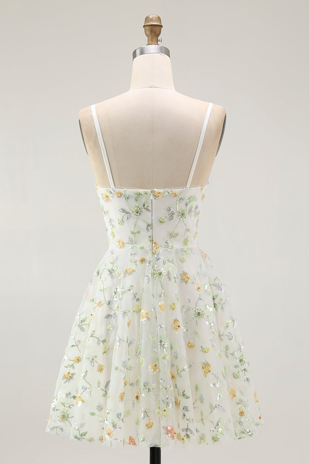 Green Floral A Line Spaghetti Straps Short Homecoming Dress