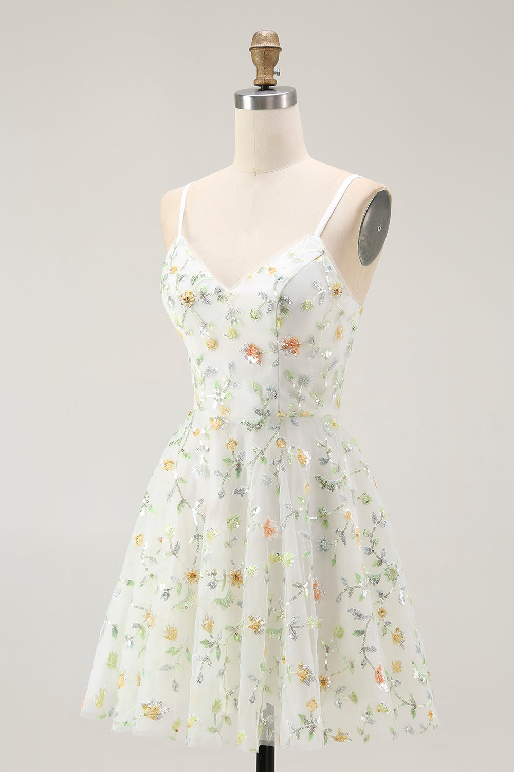 Green Floral A Line Spaghetti Straps Short Homecoming Dress