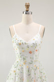 Green Floral A Line Spaghetti Straps Short Homecoming Dress