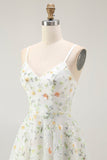 Green Floral A Line Spaghetti Straps Short Homecoming Dress