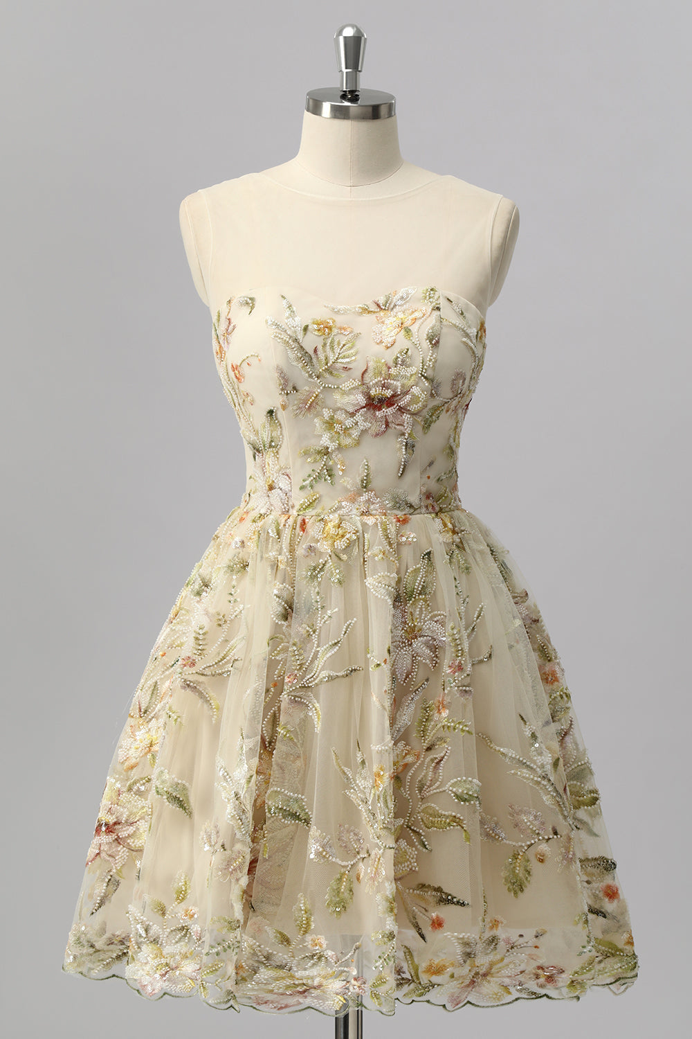 Apricot Floral A Line Illusion Beaded Mini Homecoming Dress