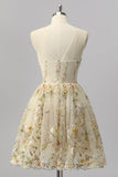 Apricot Floral A Line Illusion Beaded Mini Homecoming Dress