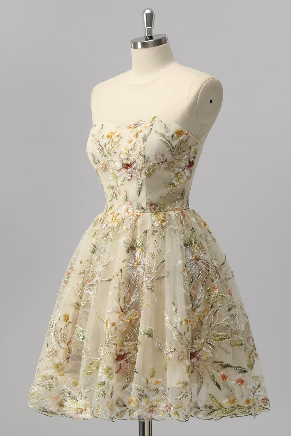 Apricot Floral A Line Illusion Beaded Mini Homecoming Dress