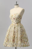 Apricot Floral A Line Illusion Beaded Mini Homecoming Dress