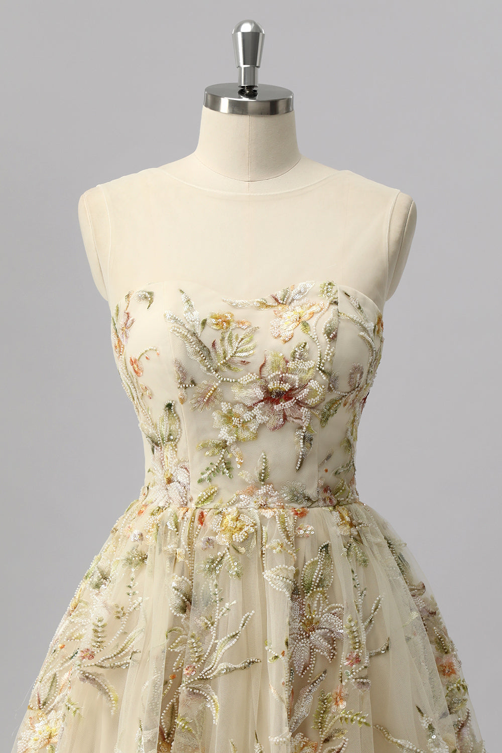 Apricot Floral A Line Illusion Beaded Mini Homecoming Dress