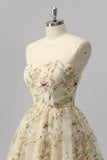 Apricot Floral A Line Illusion Beaded Mini Homecoming Dress