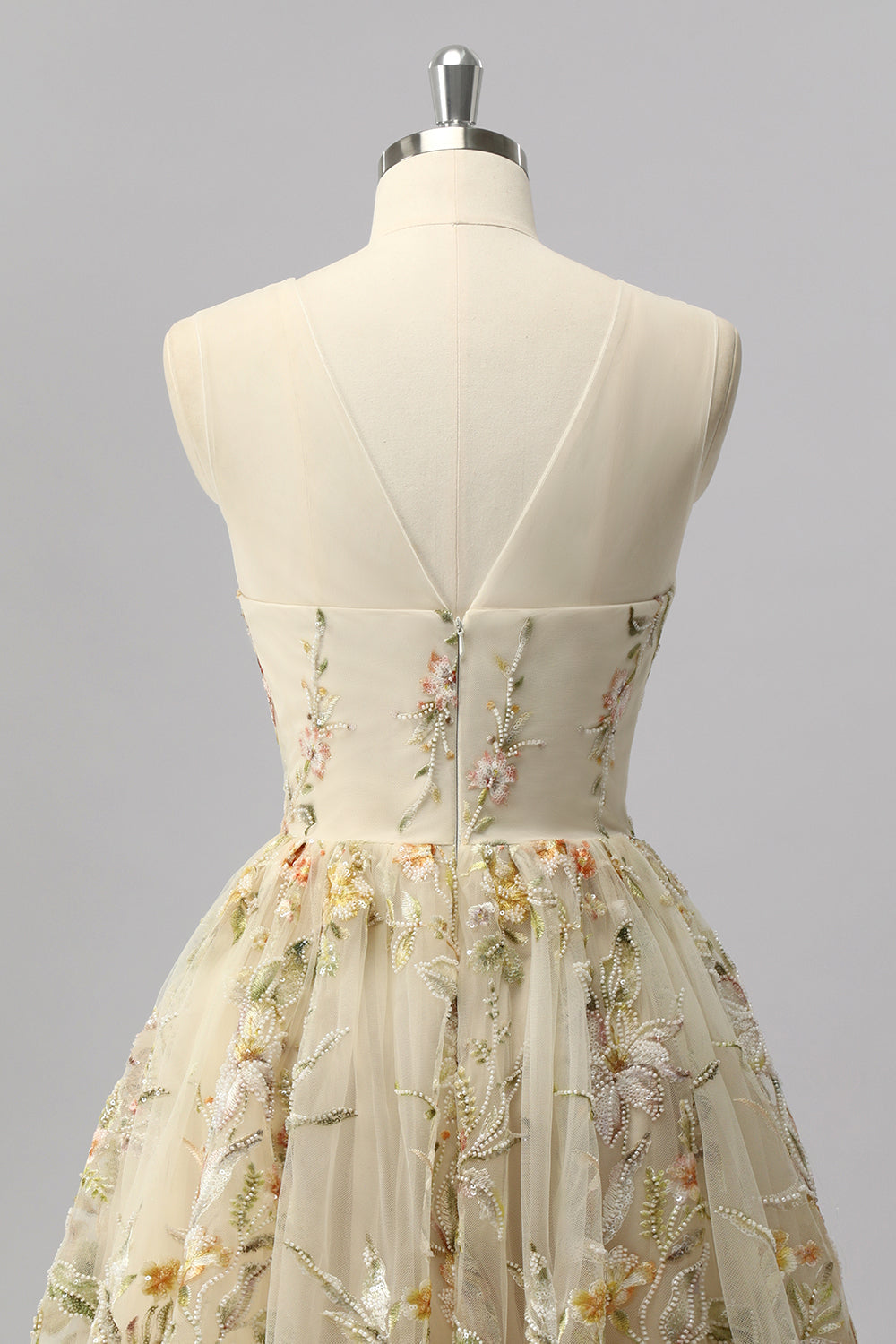 Apricot Floral A Line Illusion Beaded Mini Homecoming Dress