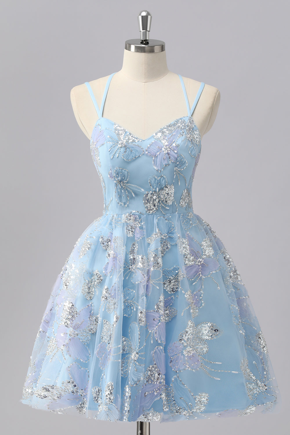 Blue Floral A Line Sequin Mini Homecoming Dress