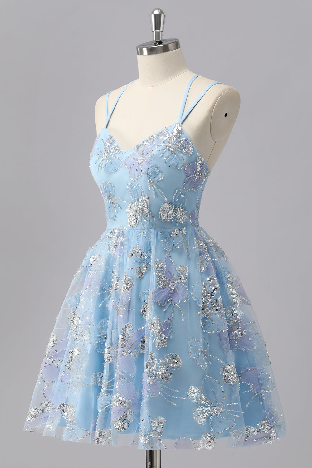 Blue Floral A Line Sequin Mini Homecoming Dress