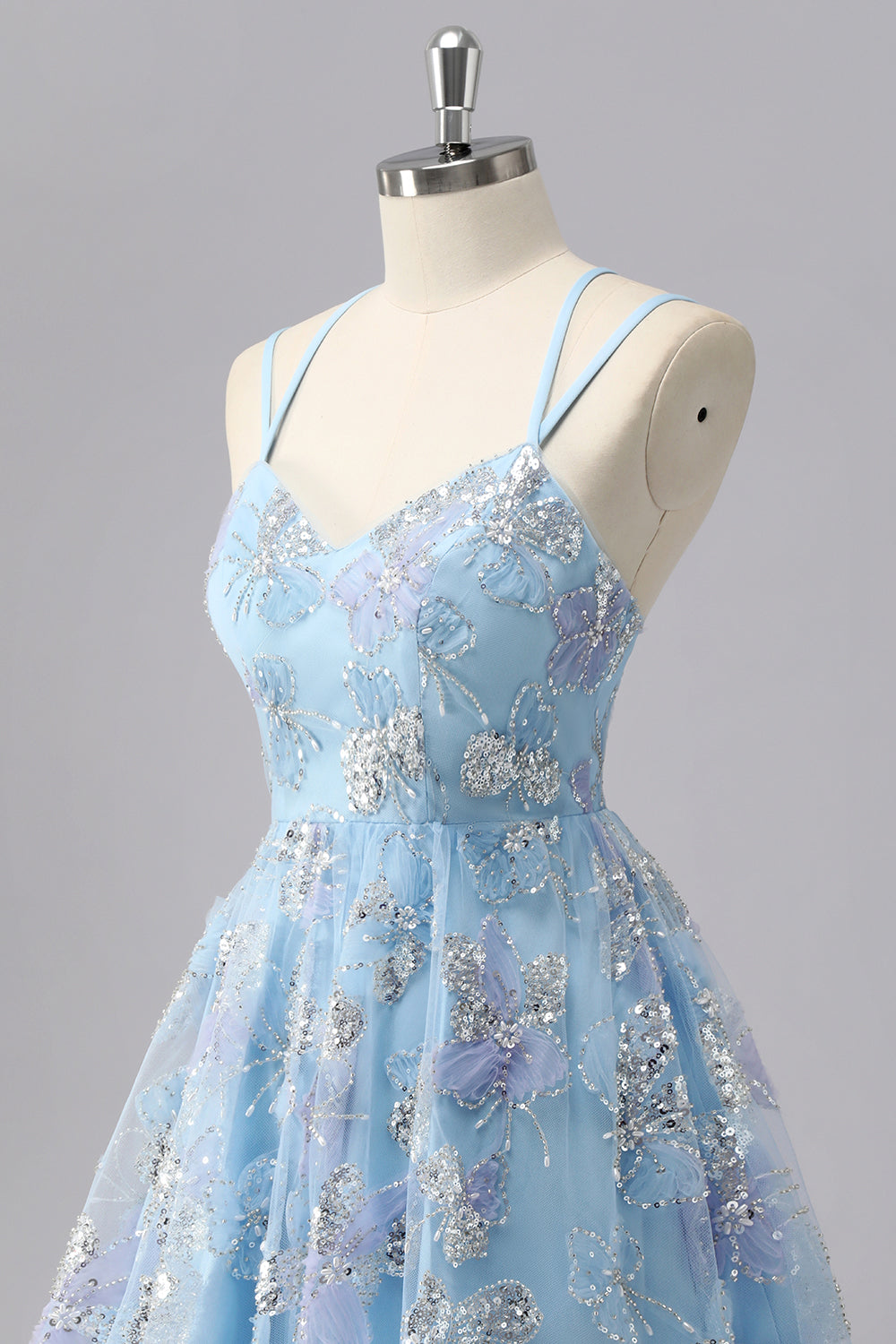 Blue Floral A Line Sequin Mini Homecoming Dress