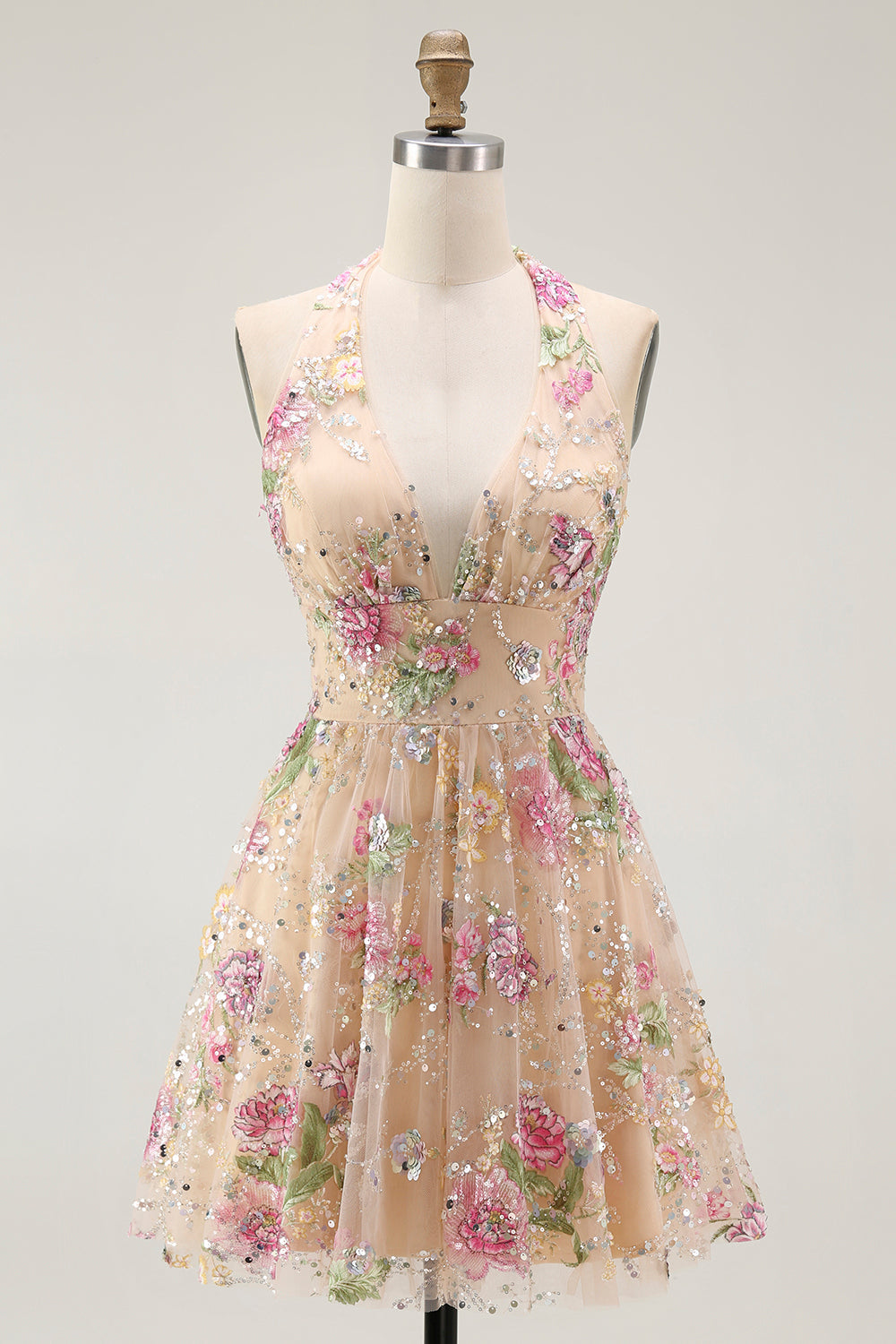 Sparkly Halter Floral Champagne A Line Halter Sequins Homecoming Dress