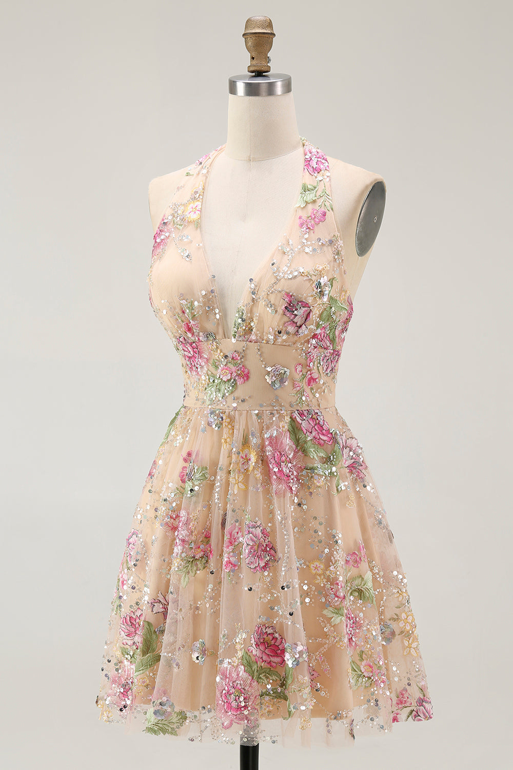 Sparkly Halter Floral Champagne A Line Halter Sequins Homecoming Dress