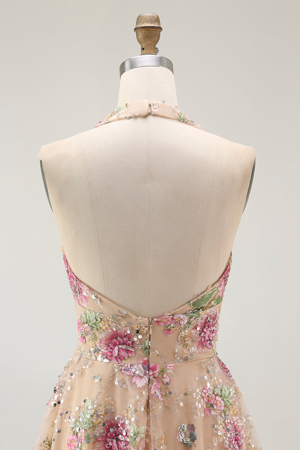 Sparkly Halter Floral Champagne A Line Halter Sequins Homecoming Dress