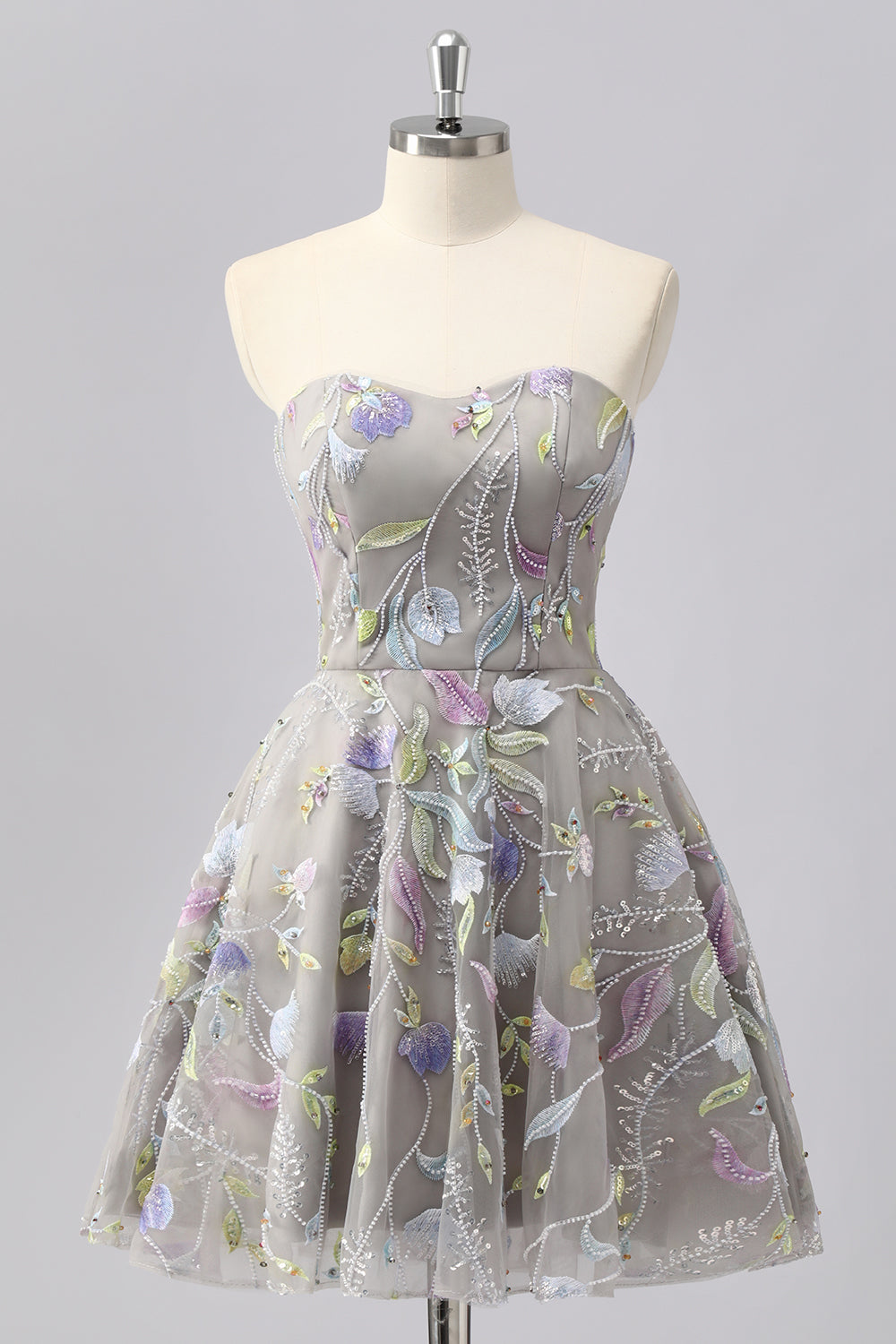 Grey A Line Strapless Floral Mini Homecoming Dress with Embroidery