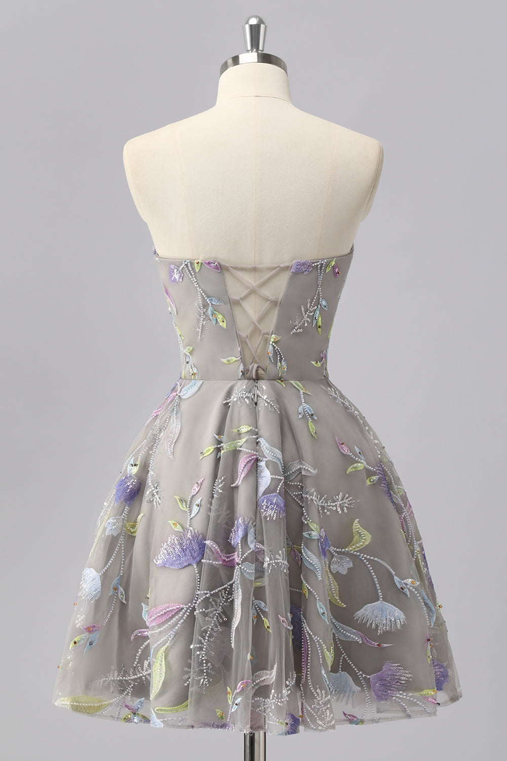 Grey A Line Strapless Floral Mini Homecoming Dress with Embroidery