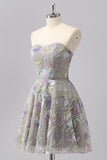 Grey A Line Strapless Floral Mini Homecoming Dress with Embroidery
