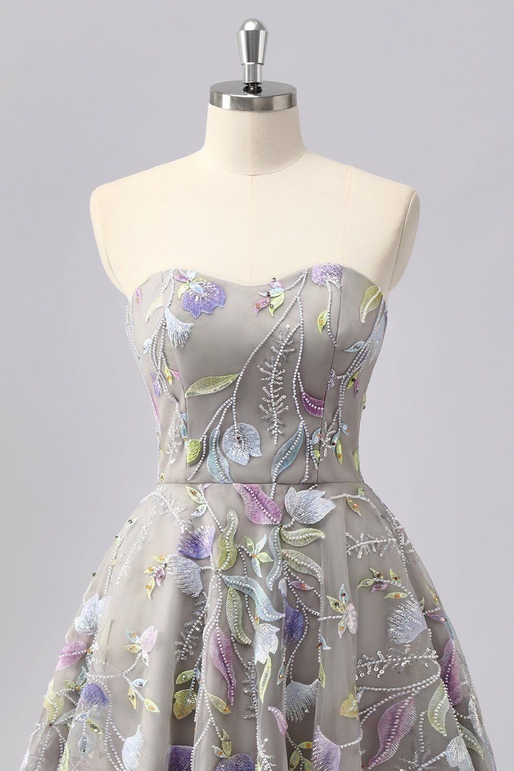 Grey A Line Strapless Floral Mini Homecoming Dress with Embroidery