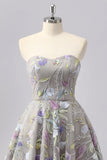 Grey A Line Strapless Floral Mini Homecoming Dress with Embroidery