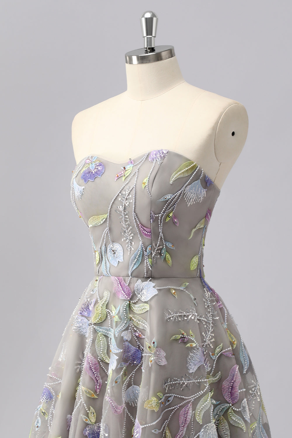 Grey A Line Strapless Floral Mini Homecoming Dress with Embroidery