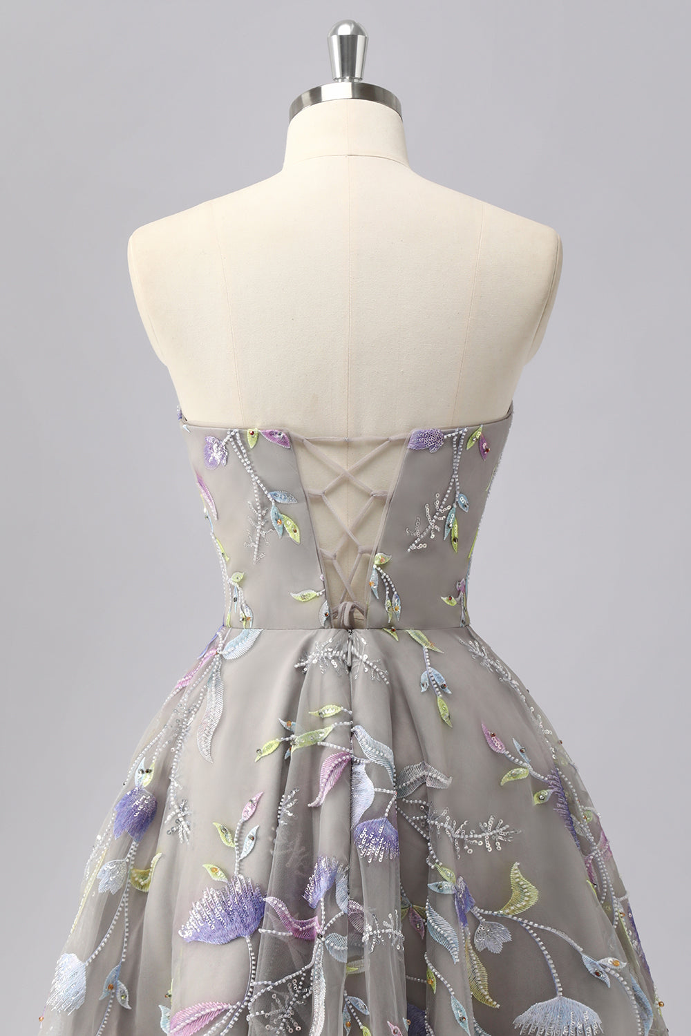 Grey A Line Strapless Floral Mini Homecoming Dress with Embroidery