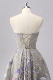 Grey A Line Strapless Floral Mini Homecoming Dress with Embroidery