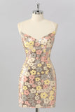 Yellow Floral Sequin Bodycon Mini Homecoming Dress