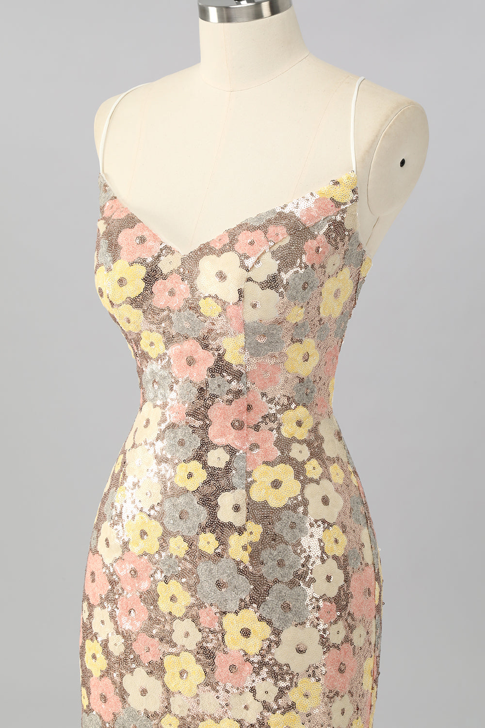 Yellow Floral Sequin Bodycon Mini Homecoming Dress