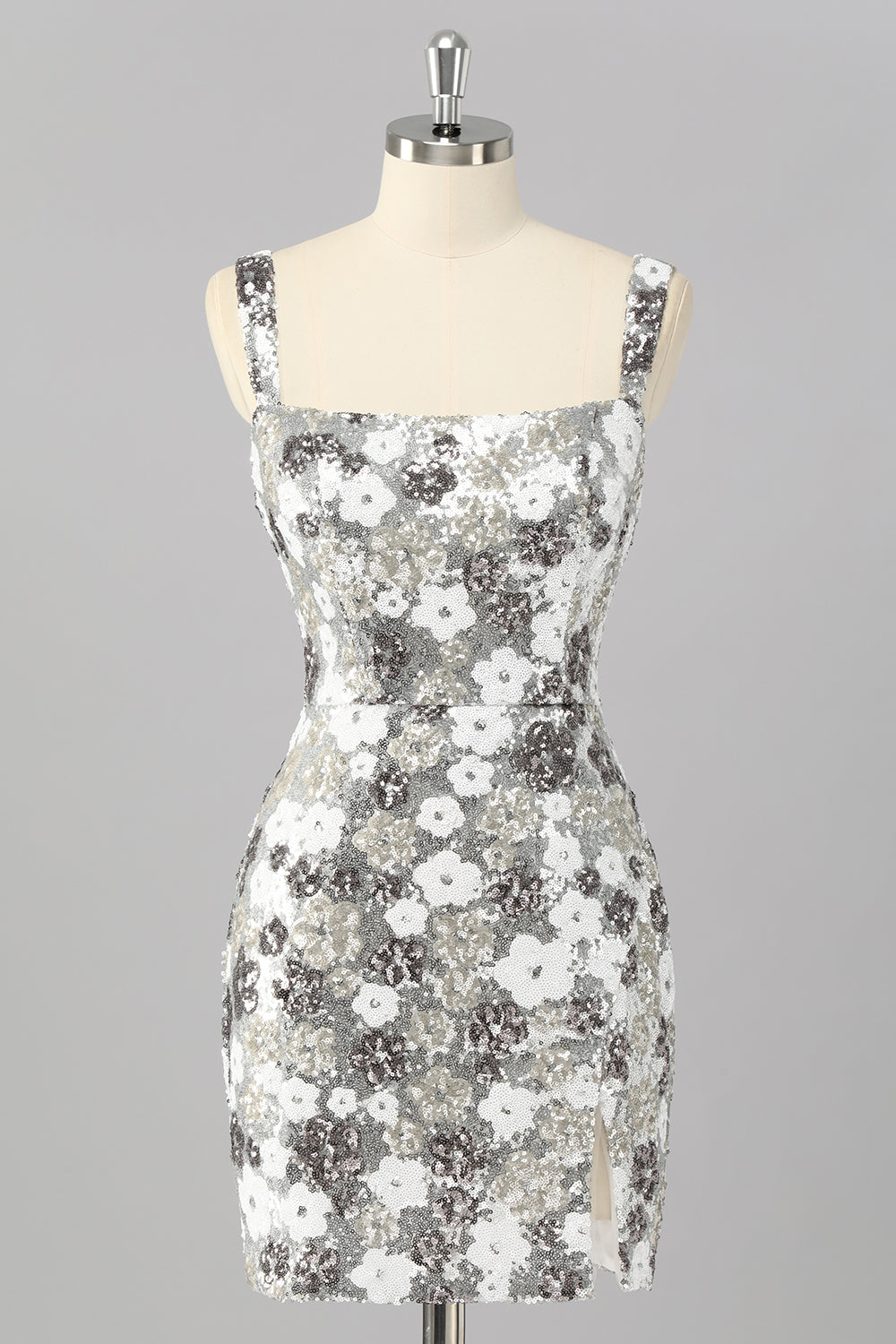 Sparkly Silver Floral Sequin Bodycon Mini Homecoming Dress with Slit