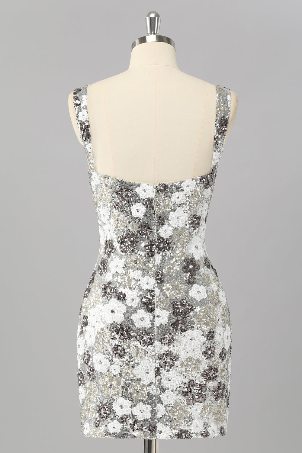 Sparkly Silver Floral Sequin Bodycon Mini Homecoming Dress with Slit